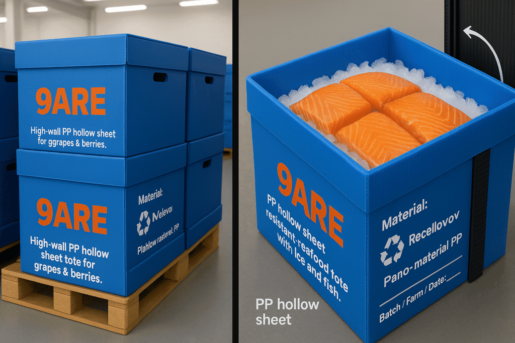 PP hollow sheet leak-resistant seafood tote with ice and fish