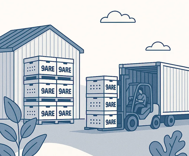 Flat vector illustration of a warehouse scene with stacks of 9ARE branded PP hollow sheet boxes, a forklift loading boxes into a truck, and sample vented boxes on a table in the foreground, representing scalable packaging and export logistics.