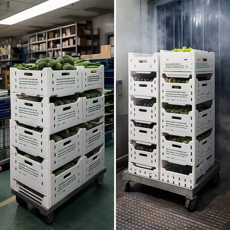 Stackable and nestable PP hollow sheet crates in supermarket backroom and cold storage