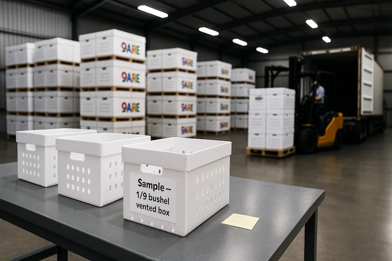 PP hollow sheet sample boxes labeled “Sample – 1/9 bushel vented box” on a workbench in the foreground, with 9ARE branded totes stacked on pallets and a forklift loading a shipping container in a modern warehouse, showing scale from samples to high-volume production.