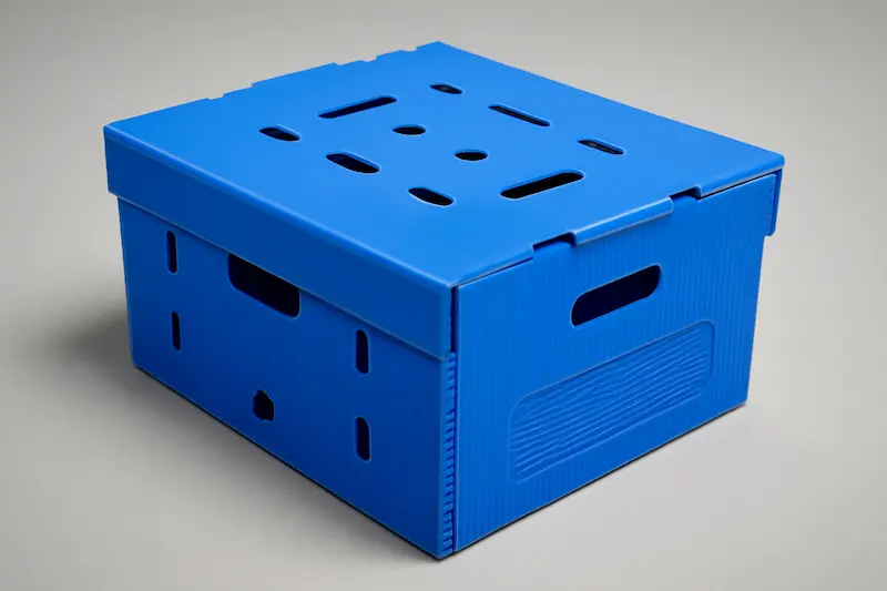 Blue PP hollow sheet vented produce box with lid and hand holes, reusable and stackable, shown as a customizable container for fresh produce.