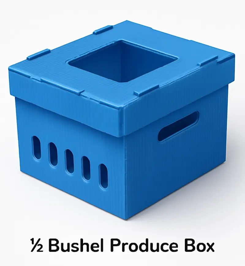 Blue 1/2 bushel PP hollow sheet produce box with vent holes and hand holes, reusable and stackable for fresh produce and agro supply chains.